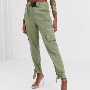 Misguided Tall Olive Green Utility Pants with Ankle Straps